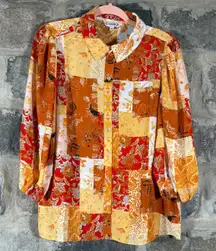 Nanette Lepore‎ Blouse Women's Large Patchwork Yellow Orange Balloon Sleeve