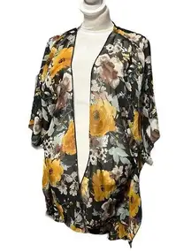 Emory Park Women Yellow & Black Floral Print Kimono Wrap Beach Cover Up Size L