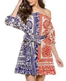Farm Rio Anthro Women’s Mixed Pineapple Red Blue Off Shoulder Garden Mini Dress