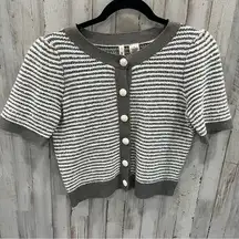 Moth Anthropologie Gray White Silver Striped Cardigan Sweater Short Sleeves Crop