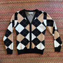 GRACE KARIN BLACK & TAN ARGYLE BUTTON UP PREPPY CARDIGAN