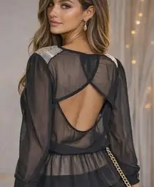 Fun & Flirt Black Sheer Mesh beaded Shoulder Cutout Back Peplum Top Sparkly NYE