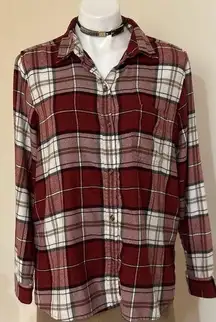 Flannel Red, White & Brown Plaid Button Down Sz L Boyfriend Fit.