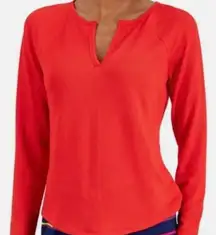Jenni‎ Women's L Split-Neck Ribbed Long Sleeve Knit Pajama Top Papaya Punch