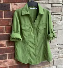 Olive Green Snap Blouse Adj Sleeves Sm