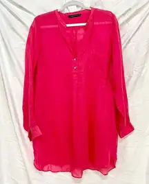 ZARA  Long Sleeve V-Neck Button Up Coverup Tunic Shirt Dress Pink Women's Size XL