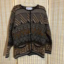 Tally Ho Vintage 1990s Y2K Black Shades of Brown Cardigan Sweater Geometric 3X
