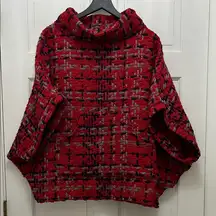 Coco + Carmen Red Black & Gray Chunky Knit Boxy Fit Poncho - One Size
