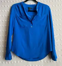 J. Crew 100% Silk Long Sleeve Quarter Button Top Sz 0 Cobalt Blue