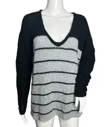 Olivaceous V-Neck Sweater Gray Stripe Oversized Long Sleeve Cotton Blend