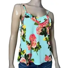 Betsey Johnson Women’s M Aqua Turquoise Blue Floral Print Ruffle Front Tank Top