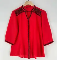 ELXSI Coral‎ Chiffon Embroidered Button Front Top Split Neck Mandarin Collar