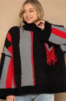 POL Turtleneck‎ Color Block Fringe Detail Sweater