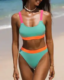 Cupshe Rib Neon Colorblock Scoop Neck Top & Hipster Bikini NWT Sz L