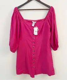 L*Space Marina Puff Sleeve Bright Fuchsia Pink Barbiecore Mini Dress Size L NEW