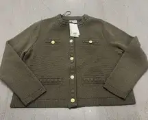 H&M Army Green Textured Knit Cardigan Jacket Gold Button Front Women's XL