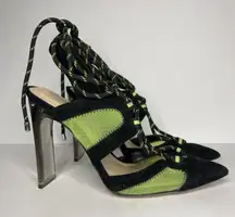 Aldo Stepka Statement Stiletto Heels Black Lime Green Women’s 6.5 Pointy Lace Up