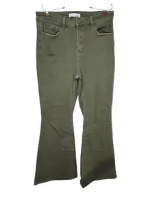 Vervet Women's Jeans Flare Leg Stretch Raw Hem High-Rise Denim Army Green Sz. 14