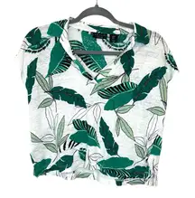 Tahari Linen Tropical Leaf Print Top M Green White Resort Coastal Chic