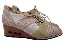 Maciejka Lace Up Wedge Oxford Shoes Women's Size 39 US 8 Wooden Cutout Heel Twee