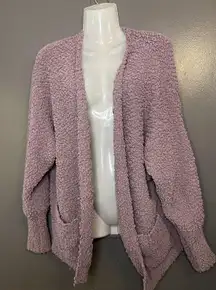 MEROKEETY Sweater Womens Medium Purple Popcorn Knit Open Front Cozy Cardigan
