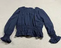 Navy Blue Textured Ruffle Semi Sheer Long Sleeve Blouse Size Medium EUC