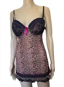 Per Lei Hot Pink Brown Leopard Print Push Up Bra Ruffle Lingerie Mini Slip Dress