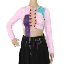 Pink Patchwork Long sleeves Lace Front Crop Top