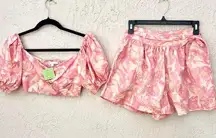 OLIVACEOUS Puff Sleeve Crop Top & Floral Wrap Belt Shorts Set Pink Women's Small