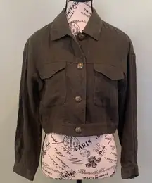 Linen Dark Army Olive Green Women's Size 6 Petite Small Cropped Short Jacket