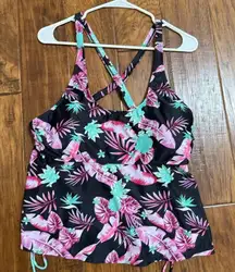 Leaf Print Drawstring Cross Back Scoop Stylish Swimsuits top‎ only - size XL
