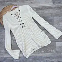 Torn by Ronny kobo cream lace up ribbed knit sweater