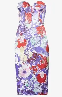 Lavish Alice Dress Womens 14 Floral Satin Crepe Midi Purple Bandeau Corset