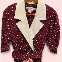 Funky 80’s Ms. Chaus maroon polka bot wide collar vneck belted midi dress
