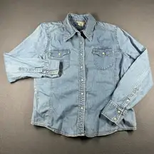 Vtg Faded Glory Pearl Snap Denim Western Shirt Womens L Blue Button Down Pockets