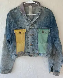 Rare vintage NAF NAF color block cropped denim jacket, yellow, green, purple; 1