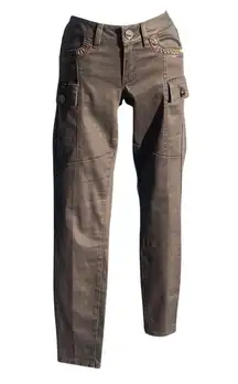 Cache Embellished Jean Pant Cargo Denim Zipper Leg Rhinestone Dark Gray $128 NWT