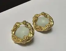 Large Chunky Clip On Earrings Gold Tone Wave Swirls Marbled Light Green Center