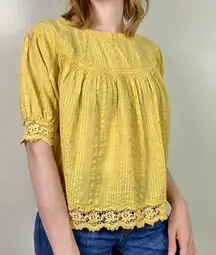 Love Shack Fancy Robin Yellow Boho Embroidered Yoked Crochet Lace Trim Blouse XS