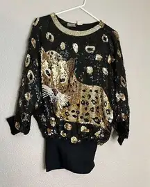 Vtg Sequin Tiger  Cheetah shirt tunic  Top One Size 100% Silk 80s Disco Animal P