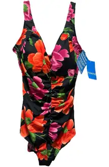 Maxine of Hollywood One-Piece Swimsuit Floral Black Size 20W Ruched V-Neck NWT
