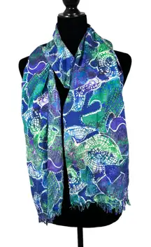 Express Vintage Silk Abstract Fish Starfish Shell Print Fringe Lightweight Scarf