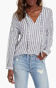Rails Nina Rio Stripe Linen Blend V Neck Tie Neck Long Sleeve Shirt Top M