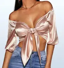 SheIn NWT  Off Shoulder Tie Front Pink Satin Crop Top