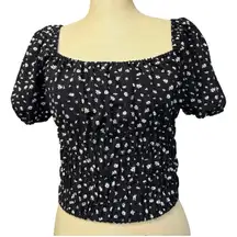 Elodie L Top Black Floral Smocked Puff Sleeve Cottage Coquette Summer Whimsigoth