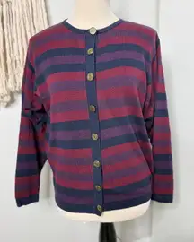 Womens vtg 80s Burgundy Blue Purple Stripe Gold crest Buttons Cardigan Sweater M