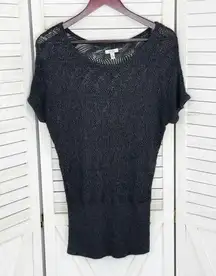 Cache Crochet Sheer Knit Topper Sweater Dark Grey Medium Dolman Cap Sleeve