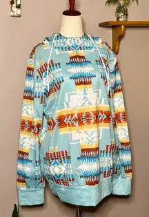 Aztec Print Women’s Southwestern Blue, Red, and Orange Print Hoodie – Size Large