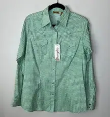 NWT Wrangler Women's Pearl Snap Western Cowgirl Shirt Green Geometric‎ SZ M