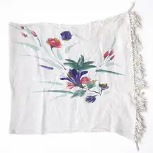 Vintage Island Girl White Floral Print Rayon Scarf Shawl Fringed Sarong